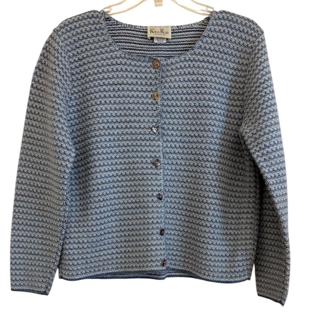 Reba Rose Blue White Textured Knit Button Front Cardigan Vintage USA Made Medium